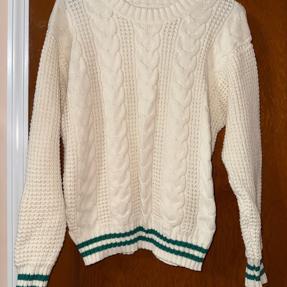 Cable Knit Cream Sweater with Green Accents